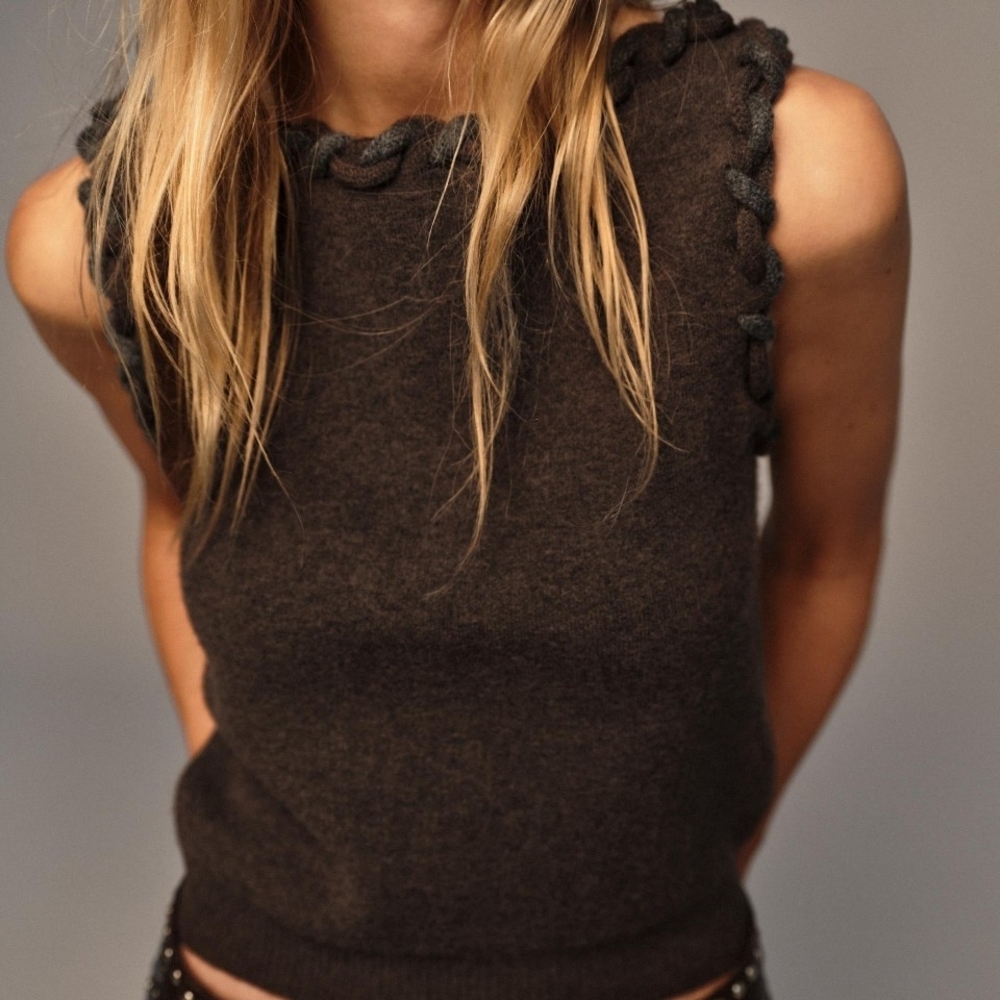 NWT Zara Interwoven Trim Knit Laine Wool Blend Cropped Tank Top In Brown - XL